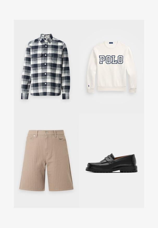 Hvit hettegenser med "POLO" i marineblå blokkbokstaver, rund halslinning, lange ermer, ribbestrikkede mansjetter og kant, med en liten logo på venstre erme.; Rutete skjorte laget av stoff i marineblått og hvitt. Har en krage med knapper, frontlomme og lange ermer.; Beige shorts laget av teksturert stoff med vertikale striper, en linning med knapp foran og sidelommer.; Svart skinnloafers har en hevet søm, to dekorative stropper på oversiden, og en tykk teksturert såle for bedre grep.