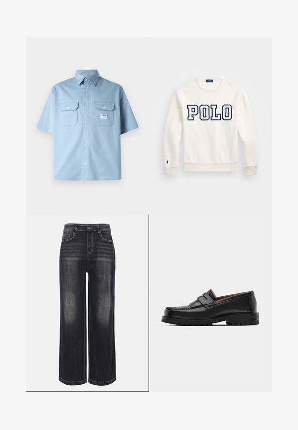 Balta sportinė palaidinė su "POLO" tamsiai mėlynomis didžiosiomis raidėmis, apvaliu iškirpimu, ilgomis rankovėmis, raukšlėtomis rankogaliais ir apačia, su nedideliu logotipu kairėje rankovėje.; Šviesiai mėlynas trumpomis rankovėmis marškinėliai, pagaminti iš medvilnės, su smailiu apykakle, dviem krūtinės kišenėmis ir maža logotipo etikete šalia kairės kišenės.; Platūs džinsai iš išblukusio juodo džinsinio audinio, su matomomis siūlėmis, penkiomis kišenėmis ir sagčių užsegimu juosmens srityje.; Juodi odiniai loafersai pasižymi pakelta siūle, dviem dekoratyviais dirželiais ant viršaus ir storu tekstūruotu padu, kad būtų užtikrintas didesnis sukibimas.