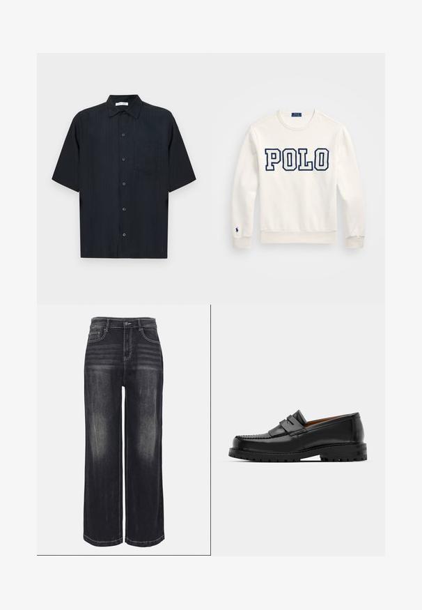 Bela majica s kapuco, na kateri je v temno modrih blokovnih črkah napis "POLO". Ima okrogel izrez, dolge rokave ter ribane manšete in spodnji del, na levem rokavu pa je majhna logo.; Kratek rokav, odprt srajca v črni barvi, z žepom, subtilno teksturo in sproščenim krojem s klasičnim ovratnikom.; Široke hlače iz izblijanega črnega denima, ki vključujejo vidno šivanje, pet žepov in gumbasto zapiranje na pasu.; Črne usnjene loafersice imajo dvignjen šiv, dve dekorativni trakovi na zgornjem delu in debel strukturiran podplat za boljši oprijem.
