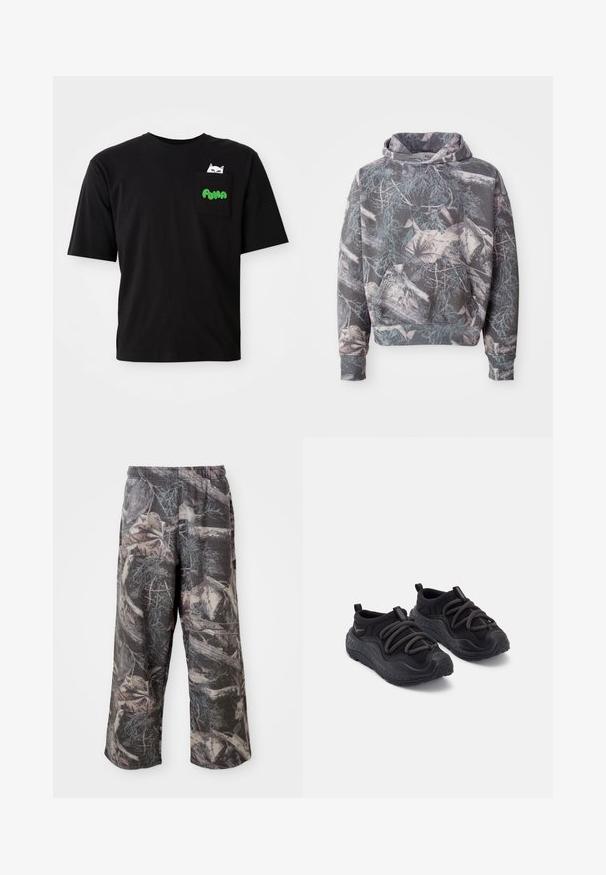 Šedá mikina s kapucí s maskáčovým vzorem, který zahrnuje větve a listy v tlumených barvách. Má přední kapsu a stahovací kapuci.; Černé bavlněné tričko s krátkými rukávy, které má kapsu s grafikou kočky a zeleným textem "PUMA". Volný střih a hladká textura.; Kalhoty s širokými nohavicemi v maskáčovém vzoru s tlumenou šedou a hnědou barevnou kombinací, elastickým pasem a volným střihem pro zvýšení pohodlí a pohyblivosti.; Černé sportovní boty s texturovanou gumovou podrážkou, polstrovaným textilním svrškem, elastickými tkaničkami a poutky na patě pro snadné obouvání.