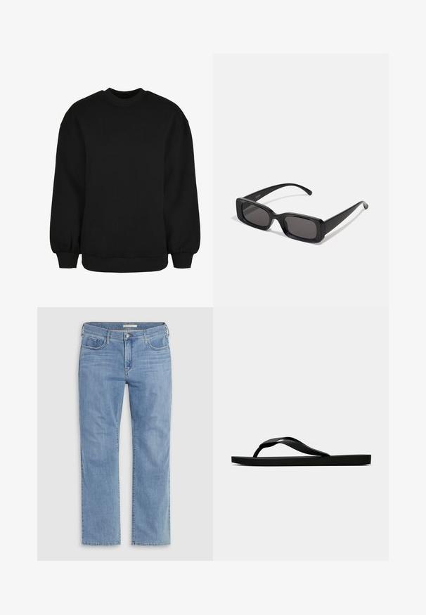 Schwarzer Sweatshirt mit Rundhalsausschnitt, langen Ärmeln mit elastischen Bündchen und geripptem Saum. Hergestellt aus weichem, strukturiertem Stoff.; Hellblaue Denim-Jeans mit geradem Bein, ausgestattet mit fünf Taschen, einem Knopfverschluss und dezenten Verwaschungseffekten. Robuster Baumwollstoff.; Schwarze Gummi-Flip-Flop-Sandale mit einem strukturierten Riemen und einfacher flacher Sohle, von der Seite auf einem schlichten hellen Hintergrund dargestellt.; Schwarze rechteckige Sonnenbrille mit dunklen Gläsern, glänzender Oberfläche, breiten Bügeln und einem klobigen Rahmen-Design. Gravierter Markenname auf einem Bügel.; Schwarze Leder-Umhängetasche mit glatter Textur, geschwungenem oberen Rand und einem einzigen Tragegurt. Sie verfügt über einen Reißverschluss und ein minimalistisches Design.