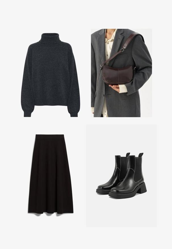 Gestuz MANZI ROLLNECK - Neule - deep graphite; Mustat polven pituinen hame, joka on valmistettu sileästä kankaasta, istuvalla vyötäröllä ja levenevällä A-linjalla. Hameessa on selkeä muotoilu ilman näkyviä koristeluja.; Mustat nahkaiset Chelsea-kengät paksulla korolla, joustavilla sivupaneeleilla ja kontrastilla valkoisella ompelulla. Teksturoitu pinta.; Ruskea nahkainen olkalaukku, jossa on kaareva muotoilu, irrotettava hihna, sileä pinta ja näkyvät ompeludetailit.