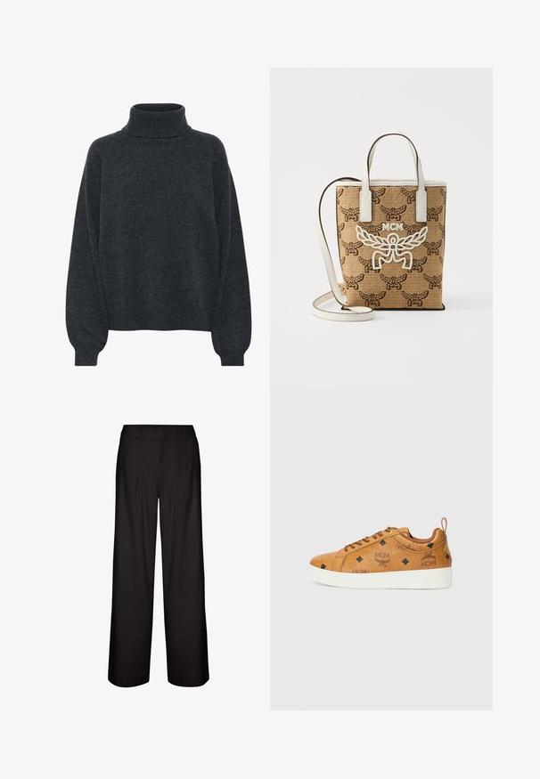 Gestuz MANZI ROLLNECK - Strickpullover - deep graphite; Schwarze weit geschnittene Hosen mit Falten, aus leichtem Stoff. Sie haben eine glatte Textur und einen geraden Schnitt vom Bund bis zu den Bündchen.; Braune Ledersneaker mit kontrastierenden weißen Gummisohlen, die schwarze Rautenmuster und MCM-Logos an der Seite aufweisen. Mit Schnürsenkeln und einer Rücklasche.; Braune gewebte Tasche mit einem detaillierten Muster; weiße Lederakzente; MCM-Logo in Weiß; kurze Henkel und ein abnehmbarer Schultergurt.