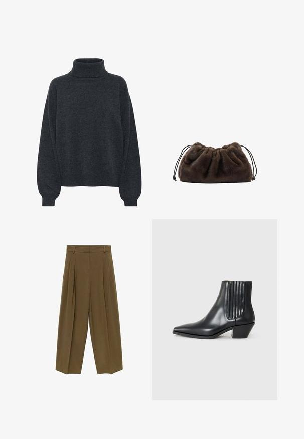 Gestuz MANZI ROLLNECK - Pullover - deep graphite; Pantalons plissés marron avec taille haute, jambes larges et texture de tissu douce, conçus avec quatre passants de ceinture et un devant épuré.; Bottine en cuir noir avec un bout pointu, des panneaux latéraux élastiques avec des rainures verticales, et un petit talon bloc. Texture lisse et design épuré.; Sac à main en fausse fourrure marron avec un design froncé et une fermeture à cordon. Texture douce, forme arrondie et style minimaliste.