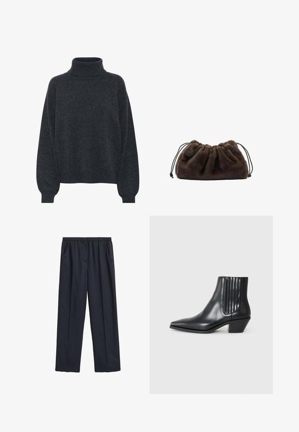 Gestuz MANZI ROLLNECK - Strickpullover - deep graphite; Marinefarbene weit geschnittene Hosen mit einem elastischen Bund, zwei seitlichen Taschen, weichem Stoffgefühl und einem fließenden Design.; Schwarze Leder-Ankle-Boots mit spitzem Zehenbereich, seitlichen elastischen Einsätzen mit vertikalen Rillen und einem niedrigen Blockabsatz. Glatte Textur und elegantes Design.; Braune Handtasche aus Kunstpelz mit gerafftem Design und Kordelzugverschluss. Weiche Textur, abgerundete Form und minimalistischer Stil.