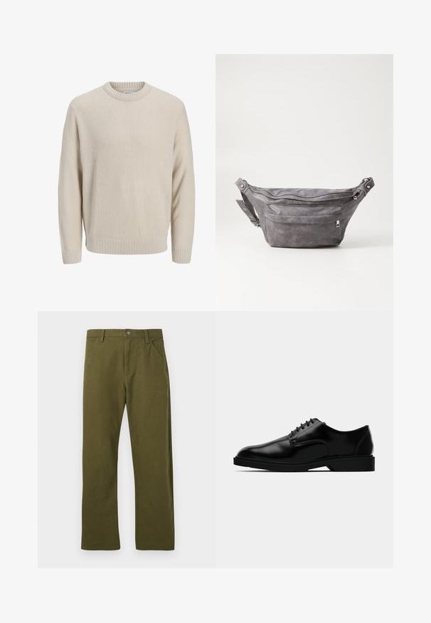 Lichtbeige gebreide trui met een textuurpatroon, ronde halslijn, geribde manchetten en zoom, en een relaxte pasvorm.; Groene katoenen broek met een rechte snit, voorzien van een ontwerp met voorzakken, een metalen knoopsluiting en subtiele stikdetails.; Zwarte leren dresschoenen met een gladde afwerking, ronde neus, vetersluiting en een bescheiden rubberen zool voor grip.; Grijze suède heuptas met een ronde vorm, twee met rits afgesloten compartimenten en een verstelbare band. Voorzien van metalen accenten.