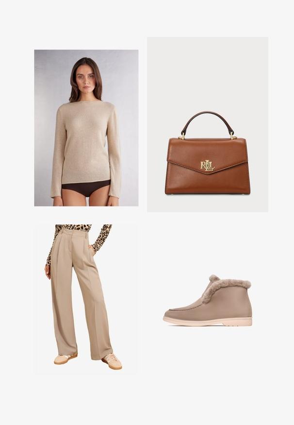 Béžový svetr s dlouhým rukávem a splývavým výstřihem, vyrobený z měkkého materiálu, s jemnou texturou a kontrastním prošíváním podél lemu.; Beige široké kalhoty s puky, obsahující kapsy a hladkou texturu. Spárováno s béžovými teniskami a topem s leopardím potiskem.; Beige kotníkové boty s měkkým kožíškem, materiál ve semišovém vzhledu, kulatá špička a lehká pryžová podrážka. Žádné výrazné vzory nebo kovové prvky nejsou viditelné.; Hnědá kožená kabelka se strukturovaným designem, horním uchopovacím madlem, zlatými kovovými prvky a akcentem loga na přední straně. Hladká textura.