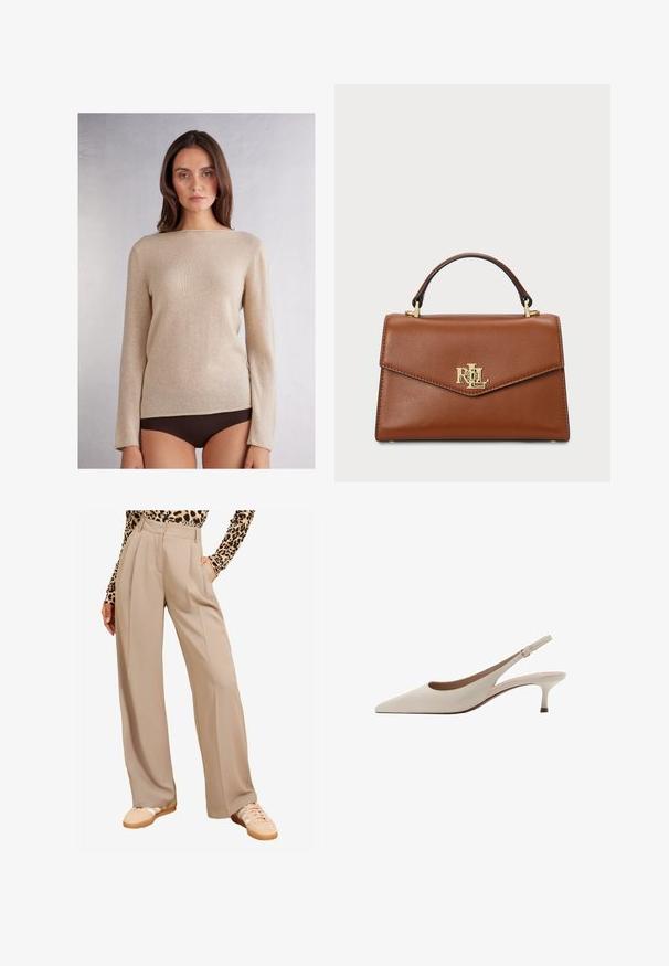 Pull beige à manches longues avec un col bateau, fabriqué dans un matériau doux, présentant une texture subtile et des coutures contrastées le long de l'ourlet.; Pantalons larges beiges avec des plis, dotés de poches et d'une texture lisse. Associés à des baskets beiges et un haut à imprimé léopard.; Des escarpins slingback beiges avec un bout pointu et un talon évasé bas. Fabriqués en cuir lisse avec un design minimaliste et une sangle réglable.; Sac à main en cuir marron avec un design structuré, une poignée supérieure, des finitions en or et un accent logo sur le devant. Texture lisse.