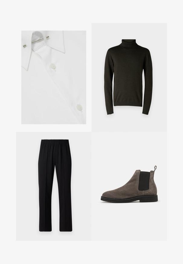 Donkergroene coltrui van een zachte breiselstof, met lange mouwen en geribbelde boorden en zoom. Gladde textuur met minimale details.; Witte katoenen overhemd met een klassieke kraag, knoopsluitingen en een metalen kraagsteun, met een gladde, gestructureerde afwerking.; Zwarte, elastische broek met rechte pijpen, met een gladde textuur en zonder zichtbare patronen of hardware.; Grijze suède Chelsea boot met elastische zijkanten, ronde neus en trekband. Platte zwarte rubberen zool. Eenvoudig en strak ontwerp.