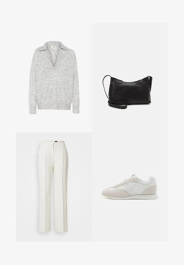 Gaišs pelēks v-veida džemperis ar apkakli. Mīksta, teksturēta auduma. Garas piedurknes, ribota apakšmalā. Smalka raksta zīme visā materiāla virsmā.; Melnā augstā apkakle kreklā, izgatavots no elastīga auduma. Iezīmē garas piedurknes, pieguļošu dizainu un gludu tekstūru bez rakstiem vai rotājumiem.; Baltas piegriezuma bikses ar augstu vidukli, priekšējo krokām un taisnām kājām, izgatavotas no gludas auduma. Piemērotas gan formālai, gan neformālai valkāšanai.; Gaišu krāsu sporta apavi ar baltas ādas un bēša zamšādas maisījumu, ar teksturētu zoli un minimālu zīmolu uz sāna.; Melna ādas plecu soma ar gludu tekstūru, izliekta forma, regulējama siksna un rāvējslēdzēja aizdare. Minimālistisks dizains bez rotājumiem.