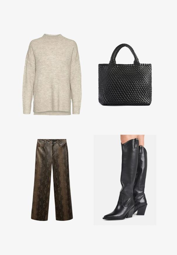 Svijetlosmeđi pleteni pulover s visokim ovratnikom, spuštenim ramenima, rebrastim rukavima i rubom. Tkanina ima mekan, teksturiran završetak.; Hlače širokih nogavica s sjajnim, teksturiranim uzorkom zmije u nijansama smeđe i crne boje, s klasičnim pet džepnim stilom i kopčanjem na gumb.; Crne kožne čizme do koljena s ispicanim vrhom, zakrivljenim okvirom i debelim potplatom. Imaju glatku teksturu i trake za povlačenje na vrhu.; Crna torba od tkanine s dva držača, koja ima teksturiranu površinu i pravokutni oblik. Jednostavan, jedinstven dizajn bez vidljivih dijelova hardvera.
