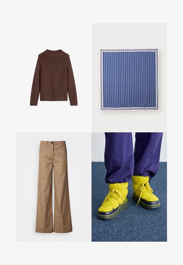 Brūns džemperis ar garām piedurknēm un augstu apkakli. Tekstūrēta adīta auduma, taisna griezuma, bez redzamiem rakstiem vai aksesuāriem.; Plati zeķbikses, kas izgatavotas no gludas, brūnganas auduma. Iespējo priekšējā pogu aizdare, jostas cilpas un sānu kabatas. Tīras līnijas bez redzamām rakstu zīmēm.; Dzelteni pūkaini zābaki ar apaļu purngalu, teksturētu audumu un zaļu gumijas zoli. Aprīkoti ar dzeltenām šņorēm un tumši zilu akcentu ap purngalu.; Jūras zilas zīda kvadrātveida šalle ar ģeometrisku rakstu, apvilkta ar baltām un tumši zilu svītrām. Logo apakšējā labajā stūrī.