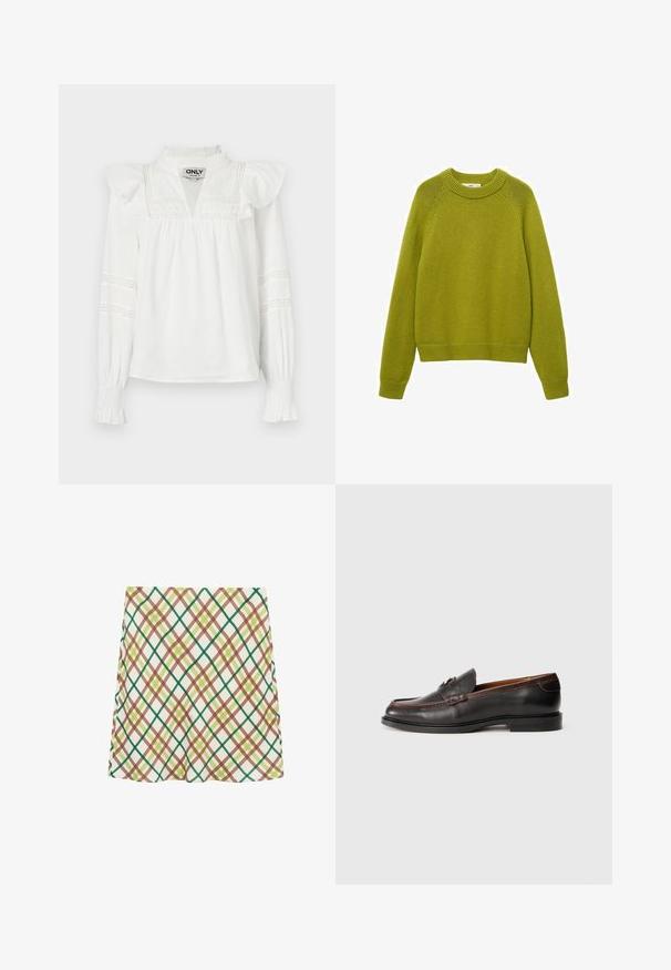 Zeleni pleteni pulover s rebrastim okruglim izrezom, dugim rukavima i opuštenim krojem. Ima teksturirani uzorak te rebraste manžete i donji rub.; Bijela bluzica dugih rukava s nabranim ramenima, izrezom u obliku rascjepa i dekorativnom čipkastom detaljnom na rukavima. Mekana, lagana tkanina.; Bijela A-line suknja s uzorkom kariranih križanja u zelenoj, smeđoj i žutoj boji, do koljena, prikazana na bijeloj pozadini.; Crne kožne mokasine s glatkom završnom obradom, zaobljenim vrhom i šavnim detaljima. Imaju nisku petu i minimalistički dizajn.