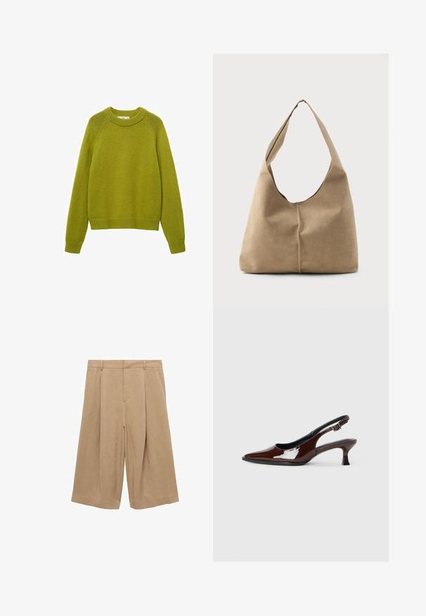 Grön stickad tröja med ribbad rund halsringning, långa ärmar och en avslappnad passform. Har ett strukturerat mönster samt ribbade ärmslut och nederkant.; Beiga culotter i lättviktsmaterial, med vid benkjol, platt front, två sidofickor och en jämn textur.; Brun lackläder slingback-sko med spetsig tå och en måttlig klack. Utrustad med en spännband för säker passform. Slät textur.; Hobo-väska i mjuk beige mocka med en avslappnad form, bred axelrem och handsydd sömdetalj längs framsidan.
