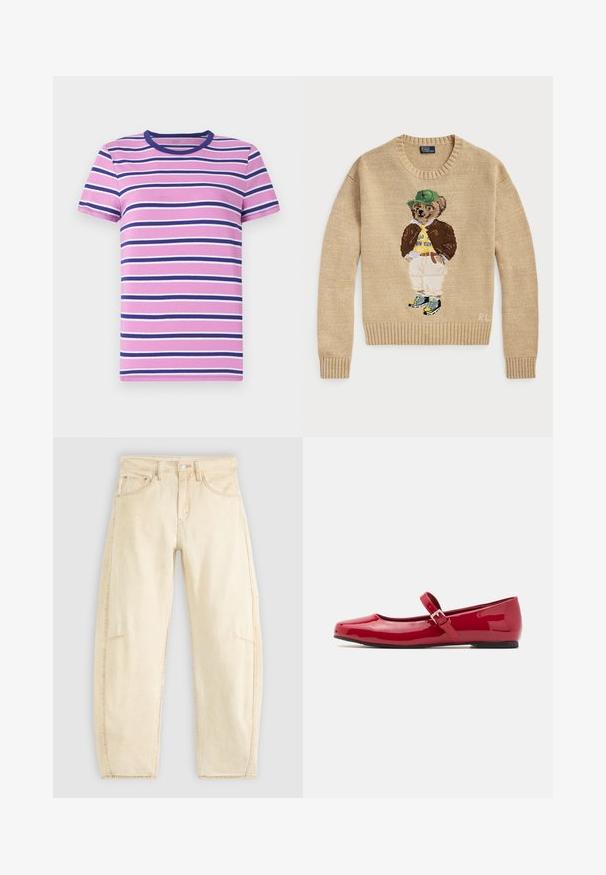 Beige gebreide trui met een geborduurd berenfiguur dat een groene hoed, een gele shirt, een bruine jas en lichte broek met sneakers draagt.; Korte mouwen t-shirt met horizontale strepen in tinten roze, wit en marineblauw. Voorzien van een ronde halslijn en zachte, gladde stof.; Beige denim jeans met een ontspannen pasvorm, met een hoge taille, vijf zakken en subtiele vervaging. Ruwe zoomdetails bij de enkels.; Rode lakleren Mary Jane ballerina's met een vierkante neus, een bucklestrap en een lage zwarte hak. Soepele textuur en glanzende afwerking.
