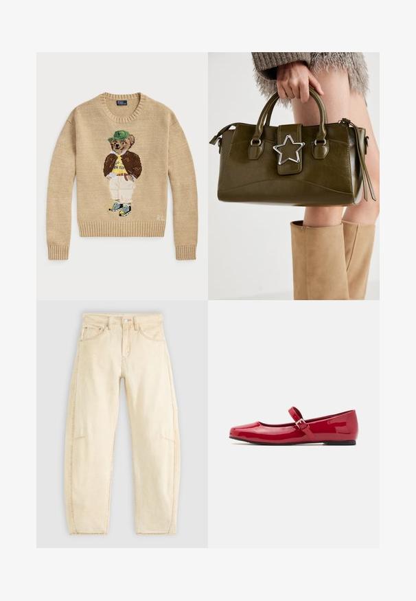 Bežs adīts džemperis ar izšūtu lāču tēlu, kas valkā zaļu cepuri, dzeltenu krekls, brūnu jaku un gaišas bikses ar sporta apaviem.; Bežīgas denima bikses ar brīvu piegriezumu, kurām ir augsta josta, piecas kabatas un neliela izgaismošanās. Neapstrādāta apakšmalu detaļas potītēs.; Sarkans patenta ādas Mary Jane zābaki ar kvadrātveida degunu, sprādzi un zemu melnu papēdi. Gluda tekstūra un spīdīga apdare.; Olive zaļš mākslīgās ādas rokassomu ar sudraba zvaigznes akcentu, divām rokturiem un rāvējslēdzēja aizdari. Strukturēta forma un teksturēta virsma.