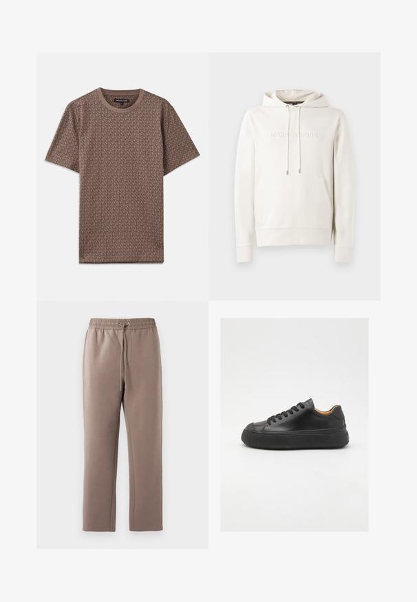 White hoodie featuring a front pocket, drawstrings, and embossed logo. Made from soft fabric with ribbed cuffs and hem. Minimalistic design.; Brown short-sleeve t-shirt featuring a repeating MK logo pattern, crew neckline, and soft fabric texture.; Brown, mid-rise sweatpants made of soft fabric, featuring an elastic waistband with a drawstring, side pockets, and straight legs.; Black leather sneaker with a round toe, lace-up front, smooth texture, thick rubber sole, and contrasting tan interior.