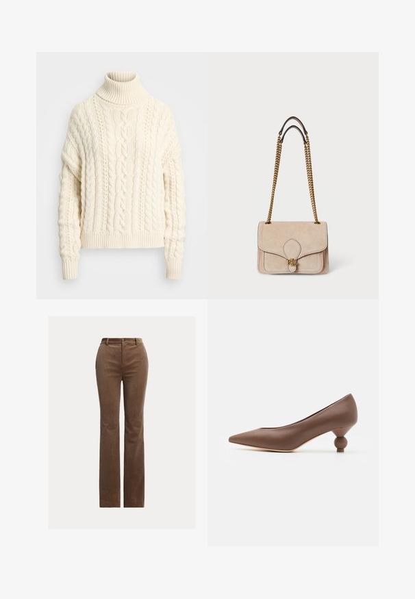Cable-knit turtleneck sweater in cream, featuring ribbed cuffs and hem, a textured pattern, and a relaxed, oversized fit.; Brown corduroy trousers with a straight-leg design, featuring belt loops, front pockets, and subtle vertical ribbing for texture.; Brown leather pointed-toe pump with a unique rounded ball heel. Smooth texture, sleek design, and minimalistic detailing.; Beige suede handbag with gold chain straps, structured rectangular shape, stitched detailing, and a gold logo accent on the front.