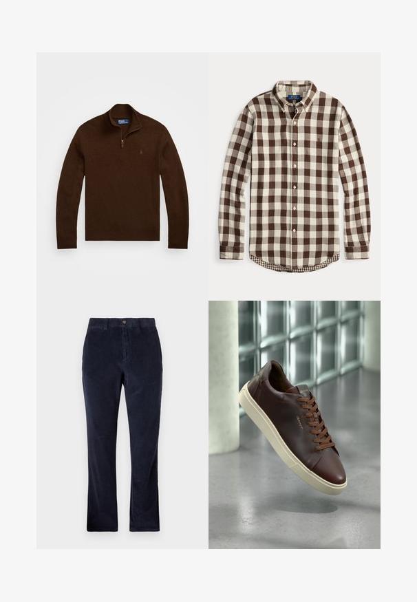 Pruun pullover-sviiter kõrge krae, poolega kvaliteetne tõmblukk ja soonikkoes ääred. Valmistatud pehmest kootud kangast, rinnal on väike logo.; Pikkade varrukatega nööpidega särk, pruunide ja kreemjate ruutudega mustriga, nööpidega krae ning õrnalt tikitud logo rinnal.; Tumesinised puuvillased püksid sirge jala disainiga, nupuga kinnitamine, vöökohad ja tekstuuriga ribaline kangas.; Pruun nahast toss, millel on ümar varvas, pruunid paelad ja beež kummitald. Külgedel on minimaalne brändimine.