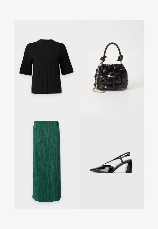 Mustaripaita lyhyillä hihoilla, jossa on viilupinta ja korkea kaula-aukko, vertikaalisilla viivoilla ja istuvalla siluetilla.; Pitkä vihreä hame, jossa on teksturoitu pinta, pystysuorat laskokset ja hienovarainen kiilto. Hameessa on suora siluetti ja aaltoileva helma.; Musta patenttiliimainen slingback-korkokenkä, jossa on terävä kärki, säädettävä hihna ja paksu suorakulmainen korko.; Mustan paljetti-minilaukku, jossa on solmittu teksturoidu hihna ja hopeaketju. Pyöreä muoto, joissa on rypistetty yläosa ja heijastava yksityiskohta.