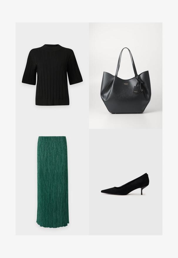 Sort kortærmet sweater med ribbet tekstur og høj halsudskæring, prydet med lodrette linjer og en tætsiddende silhuet.; Lang grøn nederdel med en struktureret overflade, der har lodrette folder og en subtil glans. Den har en lige silhuet og en scalloperet kant.; Sort ruskind højhælet sko med spids tå og en slank, lav hæl. Glat tekstur med et strømlinet design, uden synlig hardware.; Sort tote-tasker lavet af struktureret syntetisk materiale med en bred silhuet, der har dobbelte håndtag og en mærkeballade detalje.