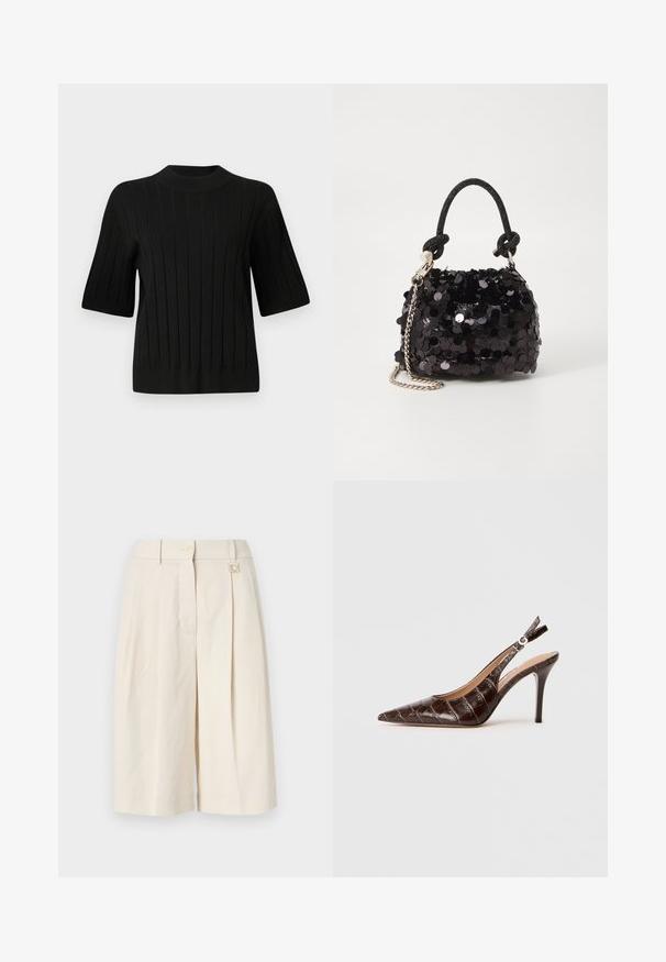 Črna kratkoslična pulover z rebrasto teksturo in visokim ovratnikom, ki ima vertikalne črte in prilegajoč silhuet.; Beige krojeni šortsi s plisejsko zasnovo, z gumbom in kovinskim detajlom. Narejeni so iz lahkotnega blaga z gladko teksturo.; Rjava, usnjena slingback čevlji s kroko embosiranjem, z nazobčanimi prsti, odprtimi stranmi in tanek visokimi petami. Zasnovani z nastavljanjem z zaponko.; Črna mini torbica s palčkami iz bleščic, z vozlanim teksturiranim trakom in srebrnima verigama. Okrogla oblika z nabranim vrhom in odsevnimi detajli.