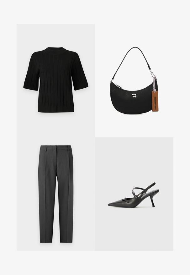 Melnas īsajām piedurknēm adīta džemperis ar ribota tekstūra un augstu apkakli, ar vertikālām līnijām un pieguļošu siluetu.; Ogļu pelēkas šūtas bikses ar gludu priekšpusi, sānu kabatām un taisnu kāju dizainu ar gludu tekstūru.; Melnas ādas slingback papēži ar norādītu purngalu, izsmalcinātu papēdi un dekoratīvu sprādzi uz priekšpuses. Gluda tekstūra un elegants dizains.; Melnas ādas rokassomu ar akmens struktūru, izliekta forma, augšējā rāvējslēdzēja aizvēršana, sudraba detaļas un brūns birkas. Iespējas logotipa akcentam.