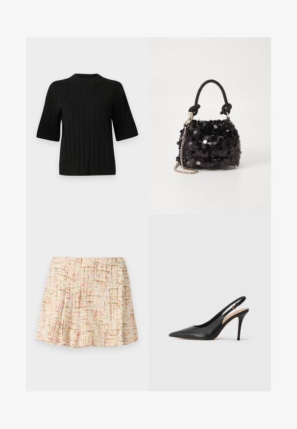 Black short-sleeve sweater with ribbed texture and a high neckline, featuring vertical lines and a fitted silhouette.; Short, pleated skirt made of textured fabric in neutral tones with subtle specks of color. Features a fringed trim along the side.; Black leather slingback high heel shoe with a pointed toe, smooth texture, and a delicate strap featuring a metallic buckle.; Black sequin mini handbag with a knotted textured strap and silver chain. Rounded shape with gathered top and reflective detailing.