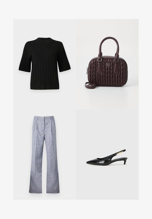 Sort genser med korte ermer i ribbestrikket tekstur og høy hals, med vertikale linjer og en tettsittende silhuett.; Grå rutete bukser med vid benform, med legg og subtil tekstur. Laget av lett stoff med en skreddersydd passform.; Sorte lærreim hæler med spiss tå, som har en slank hæl og en gullfarget detalj på den justerbare stroppen. Glatt tekstur.; Burgunderfarget lærhåndveske med kviltet mønster, doble topphåndtak og avtagbar stropp. Har sølvfarget hardware og preget logo.