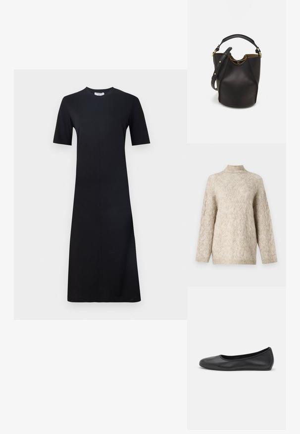 Beżowy sweter dzianinowy z wysokim kołnierzem, z teksturowanym wzorem w warkocze i luźnymi rękawami. Wykonany z miękkiej, puszystej włóczki.; Filippa K - Sukienka z dżerseju; Czarne skórzane baletki z zaokrąglonym noskiem, gładką fakturą, minimalnymi przeszyciami i elastycznym designem podeszwy.; Czarna skórzana torebka w kształcie wiadra o teksturowanym wykończeniu, z złotymi akcentami metalowymi i otwartą górą. Posiada krótką rączkę oraz regulowany pasek na ramię.