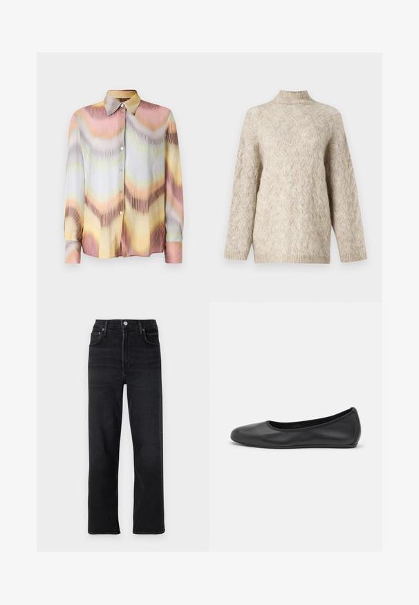 Beige kötött pulóver magas nyakkal, texturált kábelelméllyel és laza ujjakkal. Puha, bolyhos fonalból készült.; Többszínű, redőzött blúz hosszú ujjakkal, amely finom színátmenetet mutat rózsaszín, sárga és szürke árnyalatokban, gombos elülső résszel.; Fekete egyenes lábú farmernadrág. Öt zsebből, gombos és cipzáros öltöztetésből, valamint diszkrét varrási részletekből áll.; Fekete bőr balettcipő lekerekített orral, sima tekstúrával, minimális varrással és rugalmas talp kialakítással.