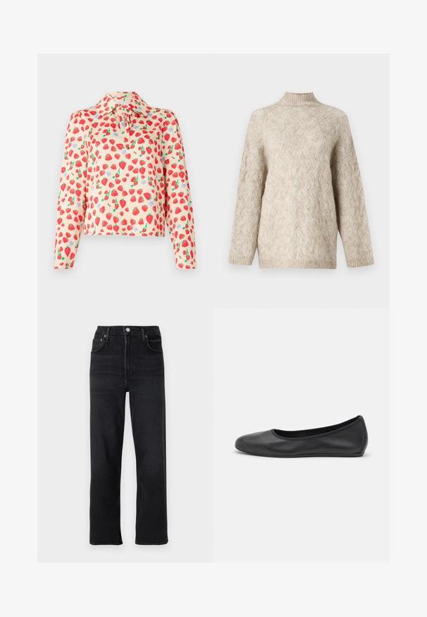 Bež pleteni džemper s visokim ovratnikom, s teksturiranim kabelskim uzorkom i širokim rukavima. Izrađen od meke, pahuljaste pređe.; Bluzica dugih rukava od svijetlo breskvaste tkanine, s printom jagoda i zelenim listovima, te plavim cvjetovima, dugmadima na ovratniku i detaljem za vezanje.; Crna straight-leg traperice izrađene od denima. Imaju pet džepova, zakopčavanje na dugme i rajsferšlus, te suptilne detalje šivanja.; Crne kožne baletanke s zaobljenim vrhom, glatke teksture, minimalnim detaljima šavova i fleksibilnim dizajnom potplata.