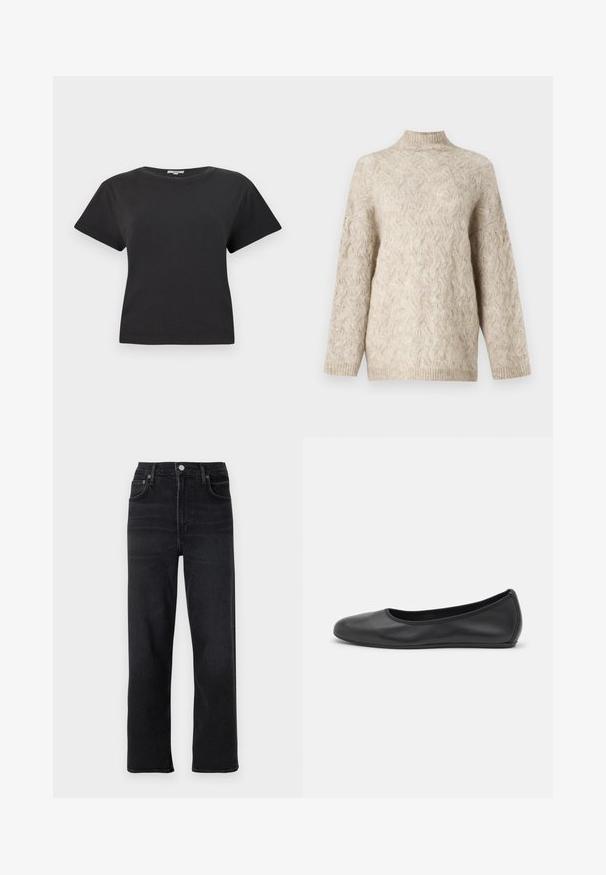 Maglione beige lavorato a maglia con collo alto, caratterizzato da un motivo a cavo testurizzato e maniche ampie. Realizzato in filato morbido e peloso.; T-shirt in cotone nero con maniche corte, scollatura rotonda e vestibilità comoda. Nessun motivo visibile o dettagli in metallo. Texture liscia.; Jeans neri a gamba dritta in denim. Presentano cinque tasche, una chiusura con bottone e zip e dettagli di cucitura sottili.; Pantofole da balletto nere in pelle con punta arrotondata, texture liscia, dettagli di cucitura minimi e design con suola flessibile.