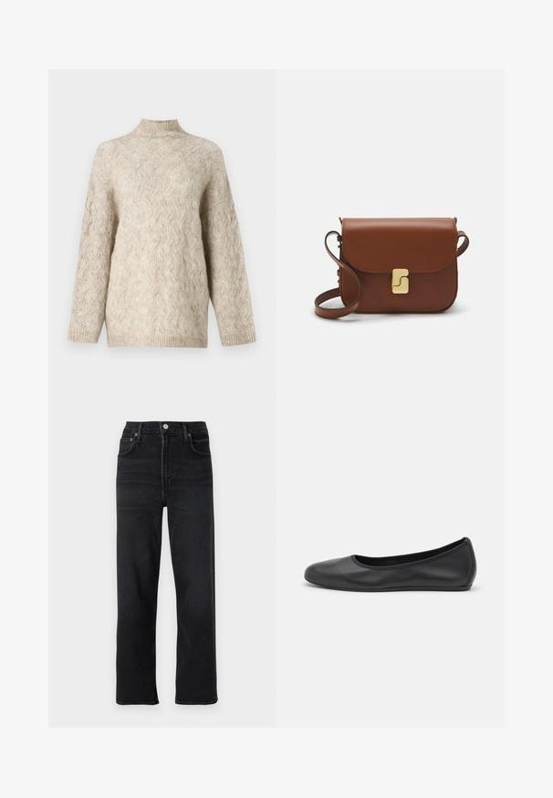 Beige knitted sweater with a high neck, featuring a textured cable pattern and loose-fitting sleeves. Made from soft, fluffy yarn.; Black straight-leg jeans made of denim. Features five pockets, a button and zipper closure, and subtle stitching details.; Black leather ballet flat with a rounded toe, smooth texture, minimal stitching detail, and a flexible sole design.; Brown leather handbag with a flap closure, gold-tone hardware, a shoulder strap, and a smooth texture. Compact rectangular shape.