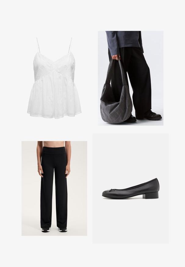 Gestreepte trui met een kraag. Gemaakt van een zachte, geweven stof in donkergrijze en crèmekleurige strepen. Ruimvallende pasvorm met lange mouwen.; Witte katoenen cami met verstelbare spaghetti-bandjes, voorzien van een geborduurd bloemenpatroon over de bovenkant en een uitlopende onderrand.; Zwarte zware sportbroek met een hoge tailleband. Gemaakt van glad, rekbaar materiaal, met een comfortabele pasvorm en een subtiele textuur.; Zwarte leren ballerina's met een kleine rechthoekige hak, ronde neus, decoratieve strikdetail en elastische rand bij de opening.; Grijze stoffen schoudertas met een slonzig ontwerp, featuring een zachte textuur en brede straps. De tas wordt vastgehouden door een persoon in donkere broek.
