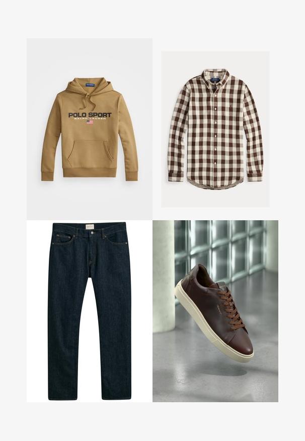 Rudas su gobtuvu, pagamintas iš minkštos medžiagos, su priekinėmis kišenėmis, "POLO SPORT" grafika ir Amerikos vėliavos detale.; Rudas ir kreminis langeliais margintas marškinėlių mygtukais užsegimas su apykakle, ilgomis rankovėmis ir mažuoju "Polo" logotipu ant krūtinės. Tekstūruota medžiaga.; Tamsiai mėlynos džinsinės kelnės su tiesiomis kojomis, penkių kišenių dizainu ir kontrastingomis siūlėmis. Lygus audinio paviršius.; Rudos odos sportbačiai su apvaliu pirštu, rudomis raištelėmis ir kreminės spalvos guma. Skiriamieji ženklai minimalūs, esančių šone.