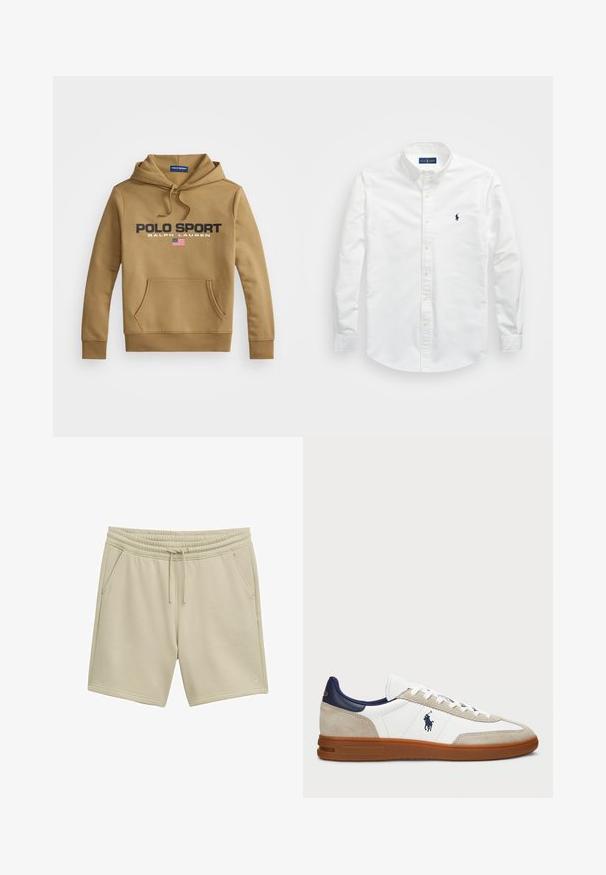 Brauner Kapuzenpullover aus weichem Material, mit einer Fronttasche, "POLO SPORT" Grafik und einem Detail der amerikanischen Flagge.; Weißes Button-Down-Hemd aus Baumwolle. Verfügt über einen spitzen Kragen, lange Ärmel und ein kleines marineblaues Logo auf der Brust. Glatte Textur.; TOM TAILOR DENIM Jogginghose - beige abbey stone; Weiße und beige Sneakers mit Obermaterial aus Wildleder und Leder, marineblauen Akzenten und einer braunen Gummisohle. Verfügt über ein Logo an der Seite und ein Schnürdesign.