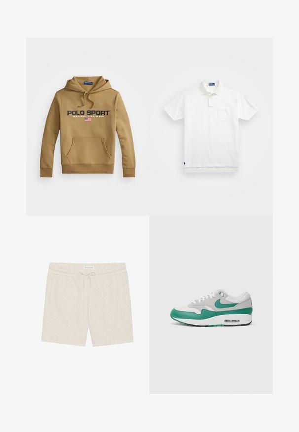 Hanorac maro cu glugă, realizat din țesătură moale, având un buzunar frontal, un grafic "POLO SPORT" și un detaliu cu steagul american.; Cămașă polo albă din bumbac, cu un guler clasic, placket cu trei nasturi și un buzunar pe pieptul stâng; logo mic pe tiv.; Șorturi de culoare bej deschis, fabricate dintr-un material moale, având talie cu șnur, buzunare laterale și o textură subtilă cu puncte.; Adidașii Nike Air Max 1 au un superioară din plasă gri, accente din piele verde, șireturi albe și o unitate de aer vizibilă în talpă.
