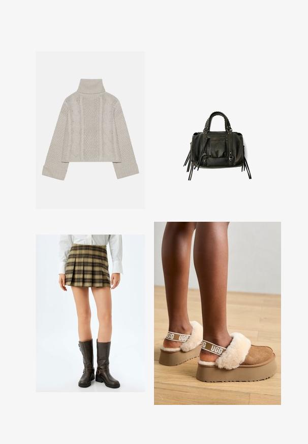 Korte, lichtgrijze gebreide trui met een hoge kraag en ribbelmanchetten, met gestructureerde kabelpatronen op de rug en zijkanten.; Bruine geruite geplooide mini-rok met beige en groene accenten, gecombineerd met aansluitende bruine kniehoge laarzen met gespen en een textuurafwerking.; Bruine platformslippers met een met bont gevoerde band en zachte beige bontaccenten. Bevat een logo op de band en een gestructureerde buitenzool.; Zwarte lederen handtas met gevlochten handvatten, ritsvak en hangende franjes. Gelaagde oppervlakte met metalen studs en hardwareaccenten.
