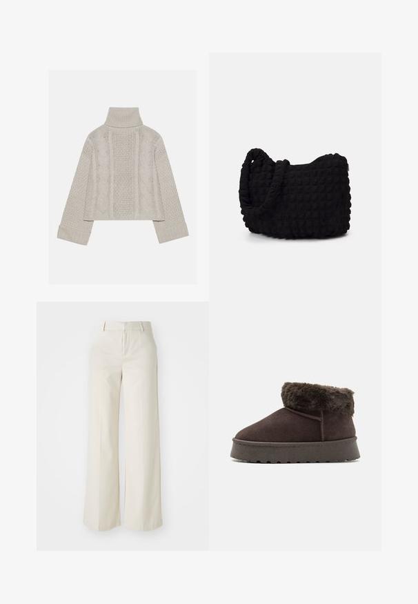 Suéter de punto gris claro, corto, con un alto cuello y puños acanalados, que presenta patrones de cable texturizados en la parte posterior y los lados.; Pantalones de pierna ancha en un tono beige claro, confeccionados con una tela suave. Cuentan con una cinturilla clásica y un frente plano con líneas limpias.; Botín de ante marrón con cuello de piel sintética, punta redondeada y suela de goma texturizada. Presenta costuras simples y un diseño de perfil bajo.; Bolsa de tela negra con un patrón texturizado y acolchado. Forma redondeada, asas cortas y gruesas, y una estructura blanda y flexible.