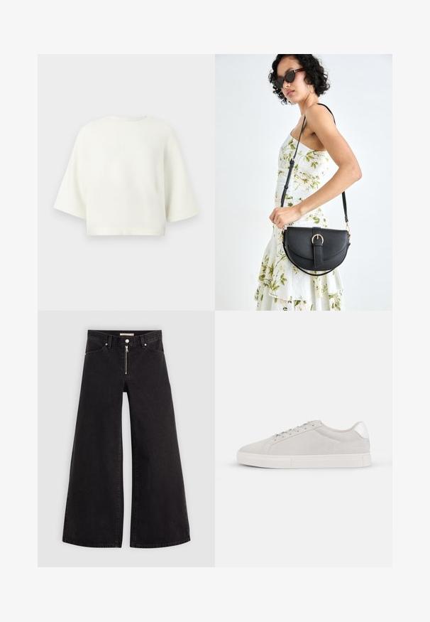 Vit kortärmad tröja med rund halsringning och slät yta. Enkel design utan mönster eller dekorationer.; Breda jeans i svart denim med dragkedja fram, femfickorsdesign och subtila sömdetaljer. Slät textur och avslappnad stil.; Ljust grå mockaskor med rund tå, platt vit sula och silverfärgad hälaccent. Snörningsdesign med minimala sömnadsdetaljer.; Svart läderhandväska med en böjd form, avtagbar rem och guldiga detaljer. Väskan har ett lock med en spänndetalj.