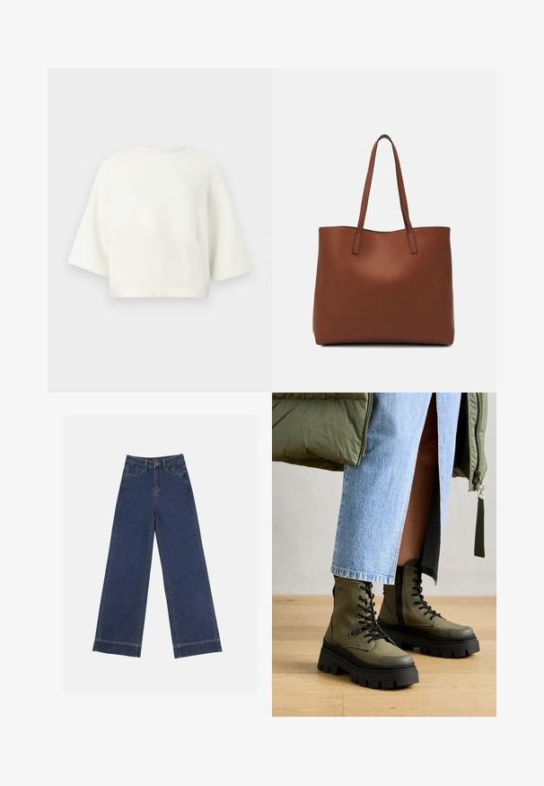 Suéter blanco recortado con mangas cortas, cuello redondo y textura suave. Diseño simple sin patrones ni acentos.; Jeans de pierna ancha en denim azul oscuro. Presenta cinco bolsillos, trabillas para cinturón y un dobladillo sin acabados en la parte inferior con detalles de costura visibles.; Botas de tobillo verdes con cordones y suelas negras gruesas, con una textura suave y una cremallera lateral. Se llevan con una falda de denim.; Bolso tote de cuero marrón con una textura suave, diseño de apertura superior y dos correas para el hombro. Presenta una costura mínima y sin herrajes visibles.