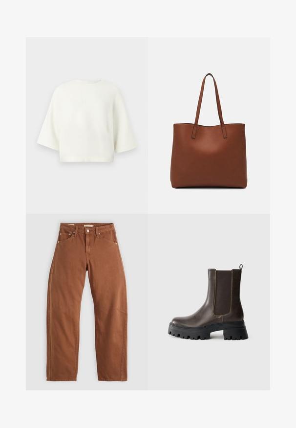 Valge lühikesed varrukad ja ümar kaelus, lühikeste varrukatega lõikega sviiter. Lihtne disain, ilma mustrite ja aktsentideta.; Rostpruun sirged püksid ees- ja taga-taskutega, metallist nurgad, nööbiga sulgemine ja vööloopidega, lamades tasaseks valgel taustal.; Pruuni nahast pahkluu saapad elastsete külgpaneelidega, jäme must kummist tallaga, tõstetud konts ja kontrastsete tikandite detailid.; Pruun nahast tote-kott, millel on sile tekstuur, avatud ülaosa disain ja kaks õlarihma. Omab minimaalset õmblust ja nähtavat riistvara ei ole.