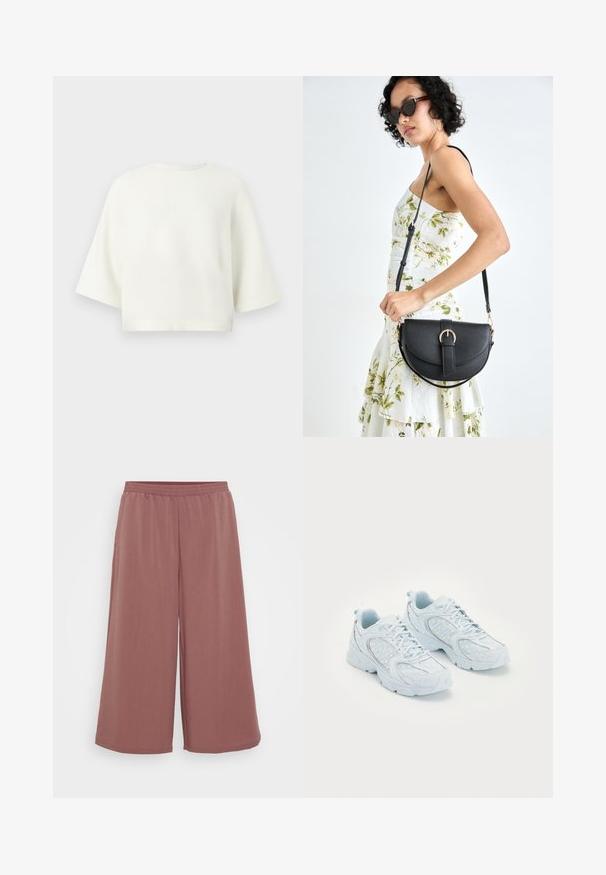 Baltas trumpas megztinis su trumpomis rankovėmis, apvaliu iškirpimu ir glotnia tekstūra. Paprastas dizainas be raštų ar akcentų.; Platus kojos kelnės, pagamintos iš minkštos, tekstūruotos medžiagos, su elastingu diržu liemenyje. Spalva - švelni rožinė, pabrėžianti plačią dizaino išvaizdą.; Šviesiai mėlynos sportinės bateliai su tinkleliu ir sintetine viršutine dalimi, turintys baltos taškeliais ir atspindinčiais akcentais, su raišteliais ir paminkštintu padu.; Juodas odinis krepšys su išlenkta forma, nuimamu dirželiu ir auksiniais detalėmis. Krepšys turi kilpą su sagtimi.