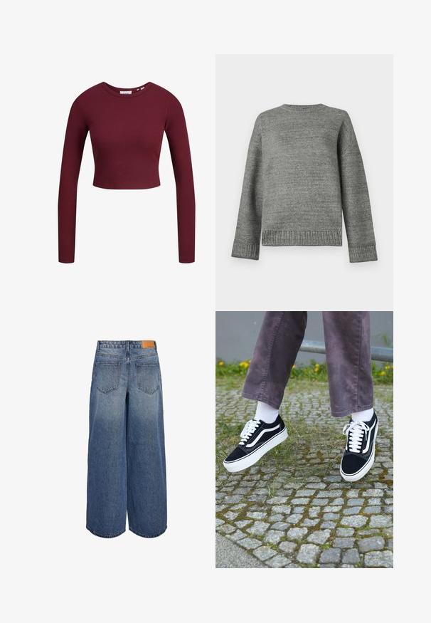 Grå stickad tröja med rund halsringning, nedhasade axlar och ribbade muddar och nederkant. Slät textur med en enfärgad design och minimal detaljer.; Burgundy kort topp, lång ärm, ribbad textur, rund halsringning, mjukt material, figursydd design. Etiketter visas vid halsen.; Breda denimculotter i medelblå tvätt med en urtvättad textur, med två bakfickor och en brun läderetikett med varumärket på midjan.; Svarta mockaskor med vita detaljer, med rund tå, tjock vit sula och klassisk snördesign, som bärs med vita strumpor och lila byxor.