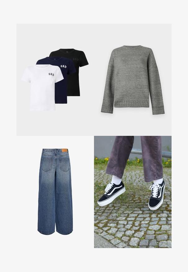 Šedý pletený sveter s okrúhlym výstrihom, spustenými ramenami a ribbovanými manžetami a lemom. Hladká textúra s jednofarebným dizajnom a minimálnym zdobením.; Sada troch krátkych rukávov T-shirtov v bielej, námorníckej a čiernej farbe. Každý má malé logo "GAP" na ľavej hrudi, vyrobené z jemnej bavlnenej látky.; Džínové culottes s širokými nohavicami v stredne modrom opraní, so svetlovým vzhľadom, obsahujúcimi dve zadné vrecká a hnedú koženú brand značku na páse.; Čierne semišové tenisky s bielymi akcentmi, s okrúhlou špičkou, hrubou bielou podrážkou a klasickým šnurovacím dizajnom, kombinované s bielymi ponožkami a fialovými nohavicami.