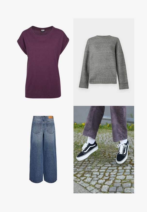 Grijze gebreide trui met een ronde halslijn, verlaagde schouders en geribbelde manchetten en zoom. Glad textuur met een effen kleur en minimale details.; Paarse katoen t-shirt, losse pasvorm, ronde halslijn, opgerolde korte mouwen en een rechte zoom. Minimalistisch ontwerp zonder zichtbare patronen of accenten.; Brede denim culottes in een middelblauwe wassing met een vervaagde textuur, voorzien van twee achterzakken en een bruine leren merklabel op de tailleband.; Zwarte suède sneakers met witte accenten, met een ronde neus, dikke witte zool en klassieke vetersluiting, gedragen met witte sokken en paarse broek.