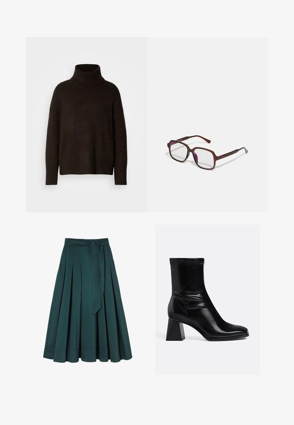 Dunkelbrauner Rollkragenpullover aus strukturiertem Strickstoff, mit lässiger Passform und gerippten Bündchen und Saum.; Türkisfarbene Midi-Rock aus glattem Stoff, mit Falten, einem Taillenbund mit Gürtelschlaufen und einem gebundenen Gürtel. Der Saum ist gerade mit Nähdetails.; Schwarze Leder-Stiefeletten mit glatter Oberfläche, quadratischer Spitze und strukturiertem Blockabsatz. Mit elastischem Knöchel-design und sichtbaren Nähten.; Braune, rechteckige Brille mit transparenten Gläsern und lila Tönungen. Glatter Kunststoffrahmen mit geraden Bügeln und dezenten Akzenten.; Brauner Wollschal mit einer weichen Textur, fransigen Enden und rechteckiger Form. Enthält ein kleines Lederlogo-Tag.; Schwarze Lederhandtasche mit strukturierter Form, oberen Griffen, glatter Textur, goldfarbener Hardware und einem vorderen Verschluss. Am unteren Rand ist eine Markenprägung zu sehen.
