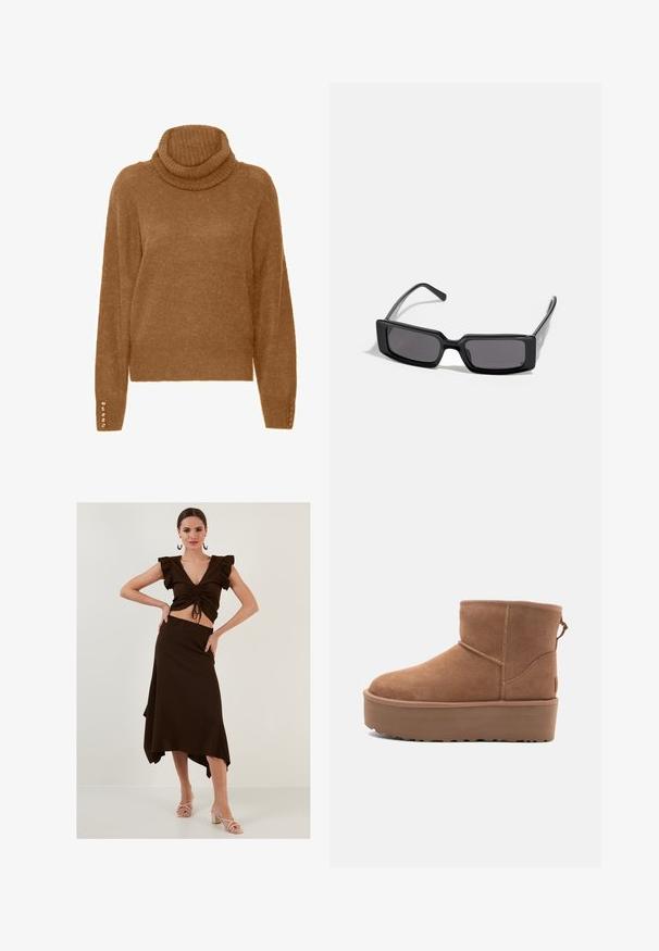 Brūns augstais apkakles džemperis ar mīkstu, teksturētu apdari un garām piedurknēm. Piedurkņu apakšā ir pievienoti pērlītēm līdzīgi aksesuāri.; Brūns ribots komplekts, kas ietver īsu topu ar pūkainām piedurknēm un augstiem vidukļa asimetrisku svārku. Gluda tekstūra, pieguļošs dizains.; Bēša zamšadeguna potīte ar platformas zoli, apaļu purngalu un šuvju akcentiem; aizmugurē ir vilkšanas cilpa, kas nodrošina ērtu uzvilkšanu.; Melni saulesbrilles ar taisnstūra rāmjiem, tumšiem stikliem un gludu, spīdīgu apdari. Rāmjiem ir plānas kājas ar izsmalcinātu zīmolu uz sāniem.; Michaela Korsa rokassomi bez̦ā īšojuma, kas izgatavota no apklāta kanvas, iekļaujot atkārtotu MK logotipa rakstu, zelta aparatūru un noņemamu ķēdes siksnu.