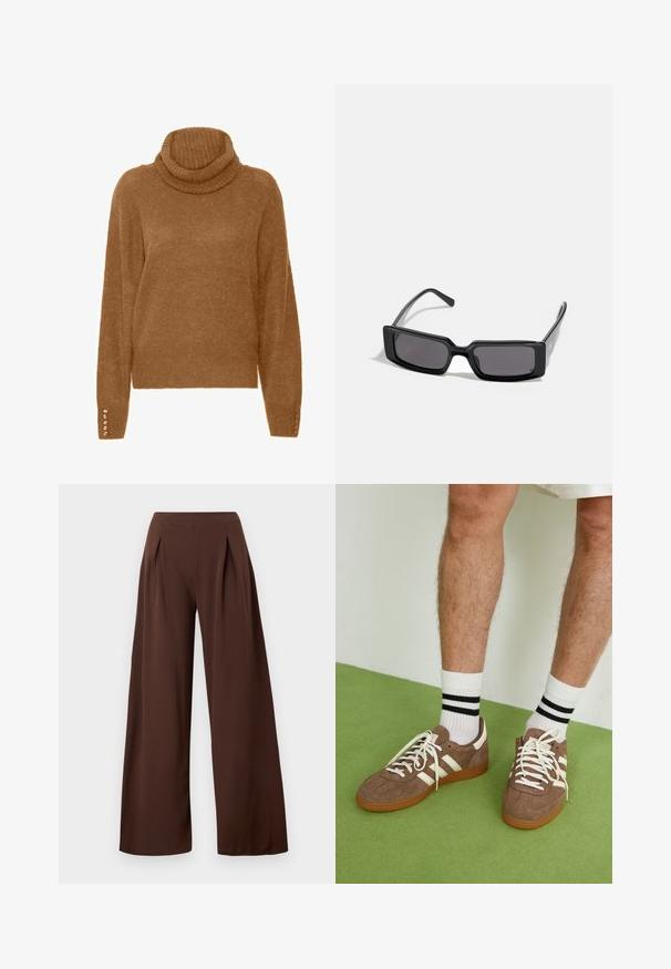Brun polotröja med en mjuk, texturerad yta och långa ärmar. Har pärlliknande detaljer på ärmsluten.; Breda byxor i mörkbrun tyg, med hög midja, framfållar och en slät yta. Lämpliga för olika tillfällen.; Bruna mockaskor med vita detaljer och snören. Gummisula i beige. Bärs med vita strumpor med svarta ränder. Grön strukturerad golvyta.; Svarta solglasögon med rektangulärt båge, mörka linser och slät, blank yta. Har tunna skalmar med subtil varumärkeslogotyp på sidan.
